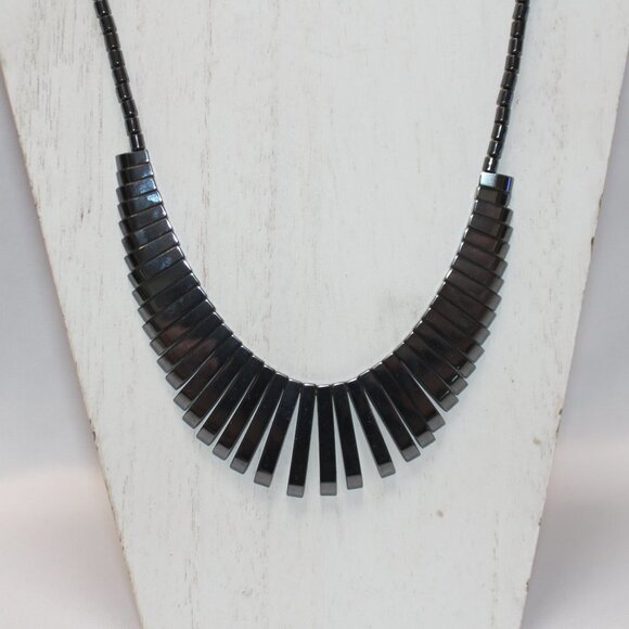 Vintage Natural Hematite Graduated Bar Necklace, 24 Inch Length - Picture 2 of 11